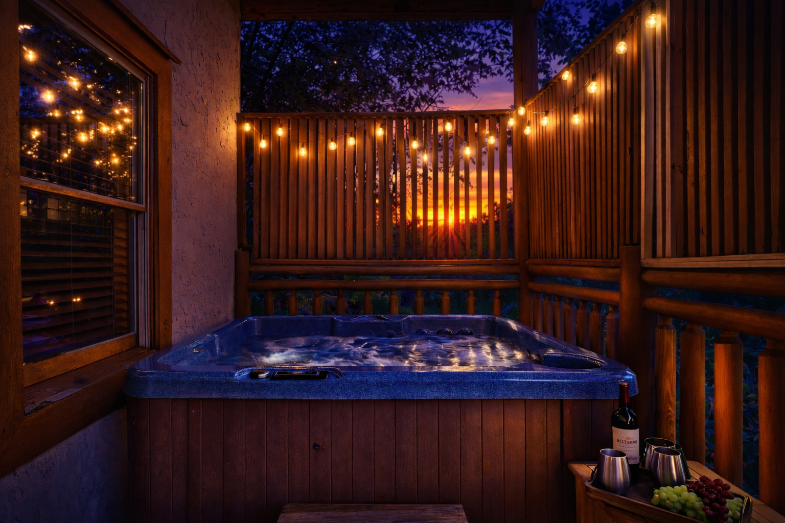 Outdoor hot tub on deck at sunset