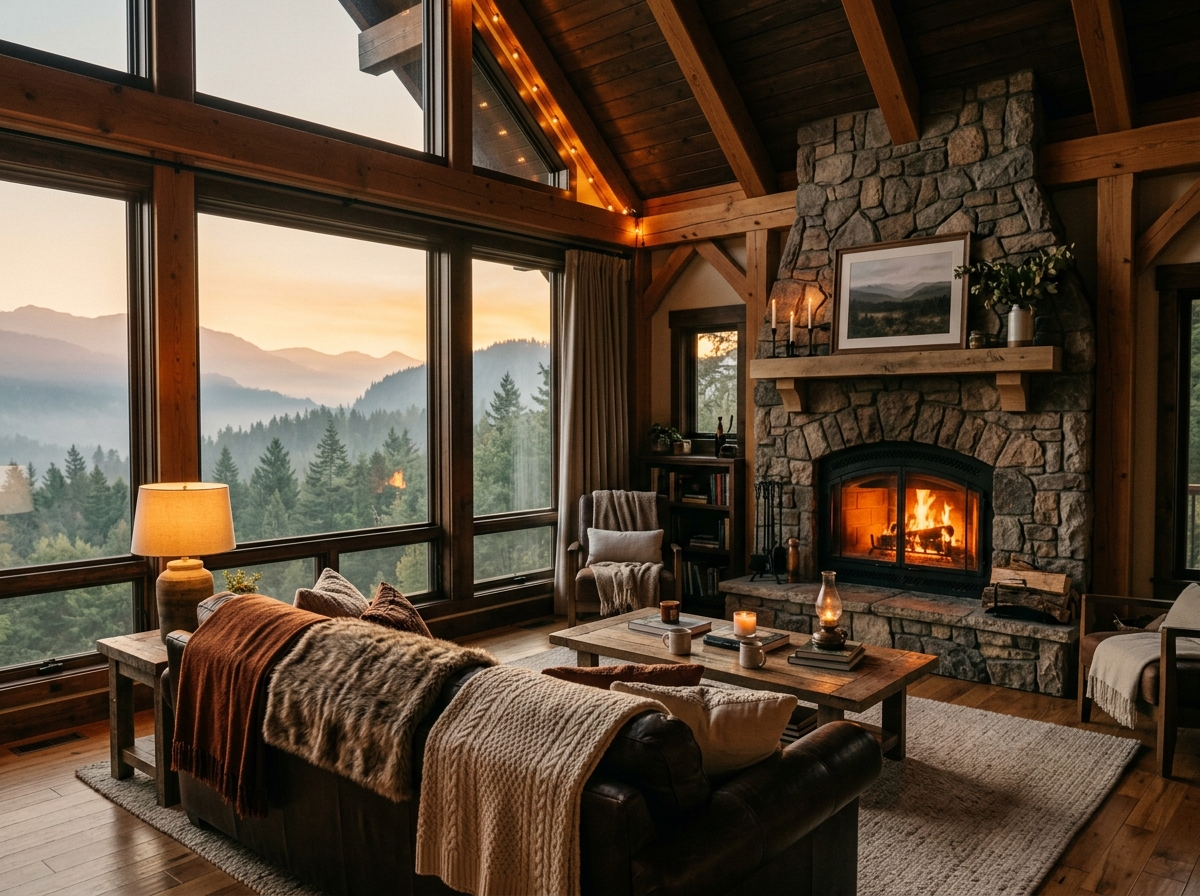 Cozy luxury cabin living room with stone fireplace and mountain views