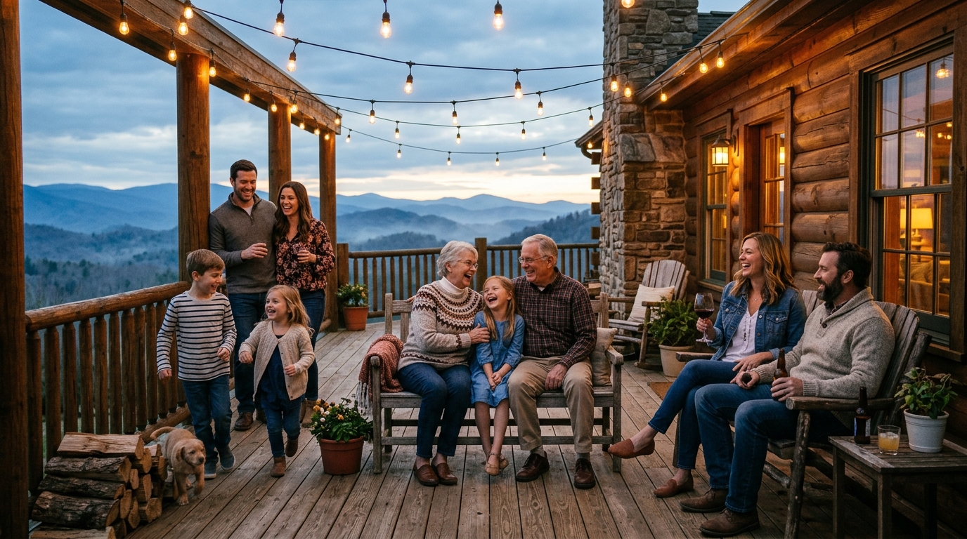 Family together on cabin porch at dusk