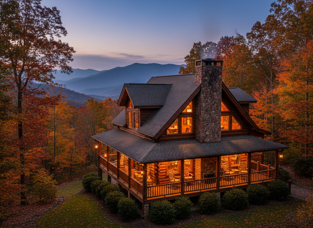 Luxury log cabin in the Smoky Mountains at dusk