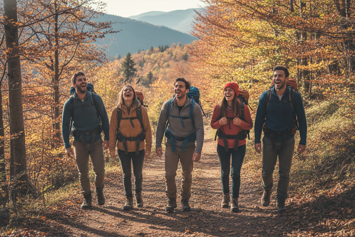 Friends hiking a mountain trail in fall foliage